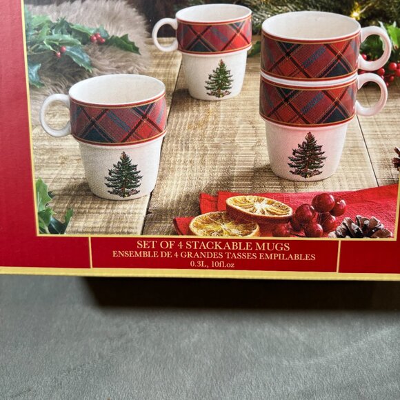 Spode Christmas Tree Tartan Stacking Mugs Set of 4 NEW WITH BOX - Picture 5 of 7